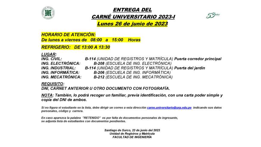 Entrega de Carné Universitario 2023-I